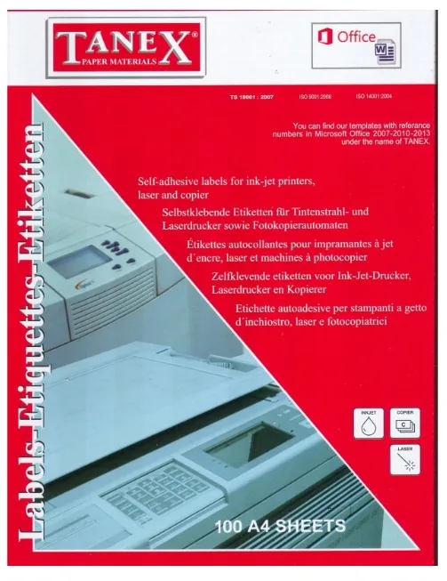 ლეიბლი TANEX 001 ნაჭერი; 210 * 297 TW2000 კუთხოვანი TW2000